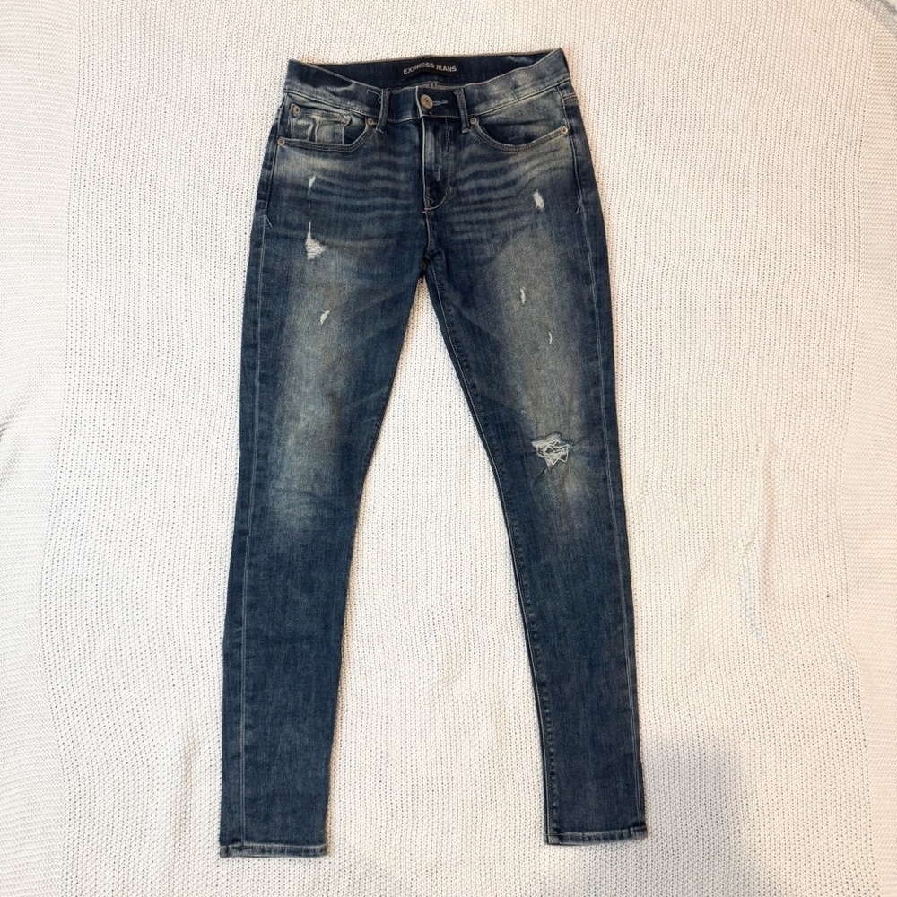 Express Women's Distressed Blue Skinny Jeans - Picture 2 of 6